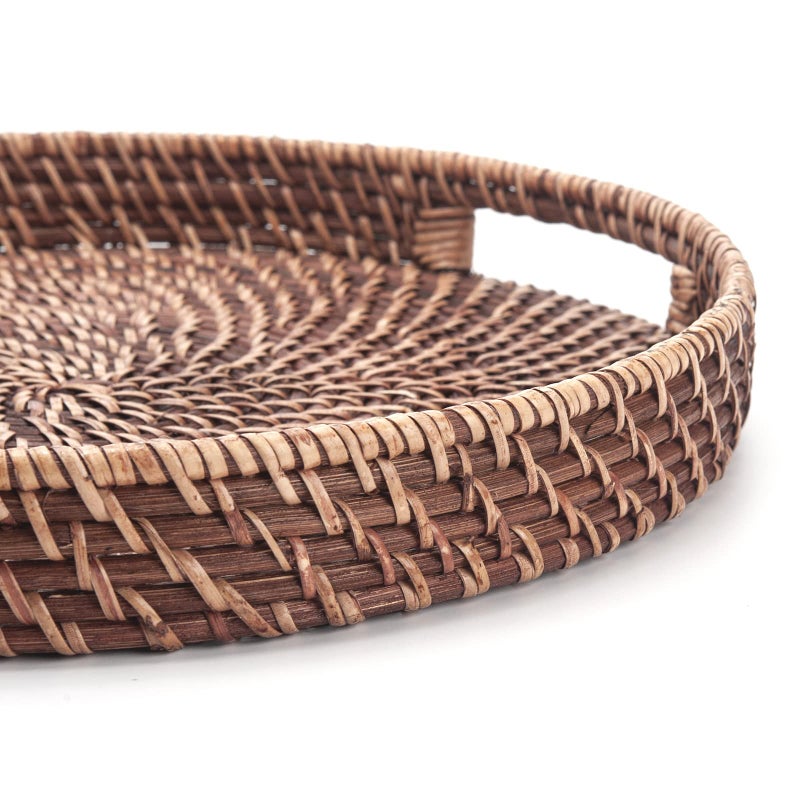 DECRAFTS Round Rattan Woven Serving Tray with Handles Ottoman Tray for Breakfast, Drinks, Snack for Coffee Table, Home Decorative (11"x1.6", Honey Brown) - Image 3